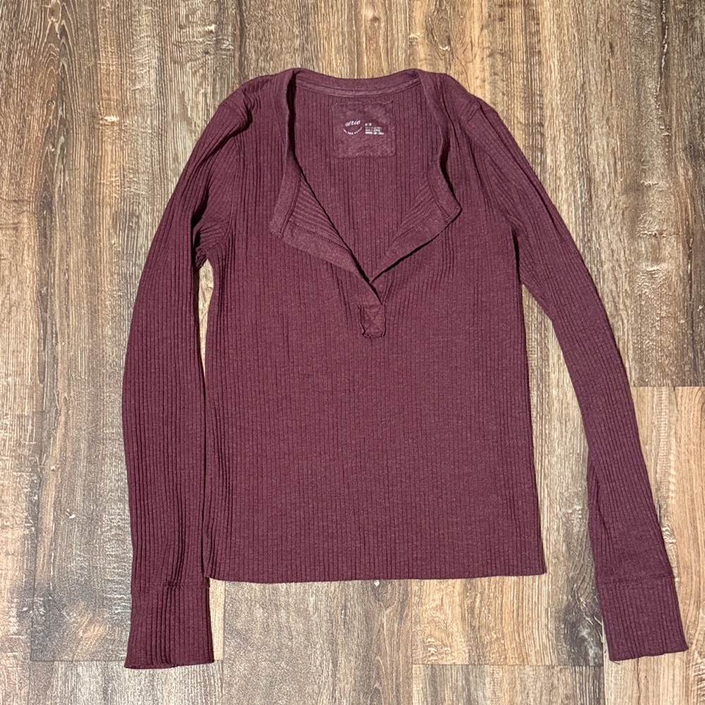 Aerie Maroon Ribbed Long Sleeve Top